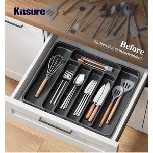 Set of 2 Kitsure Adjustable Utensil Organizer Kitchen Drawer Storage Tray Black